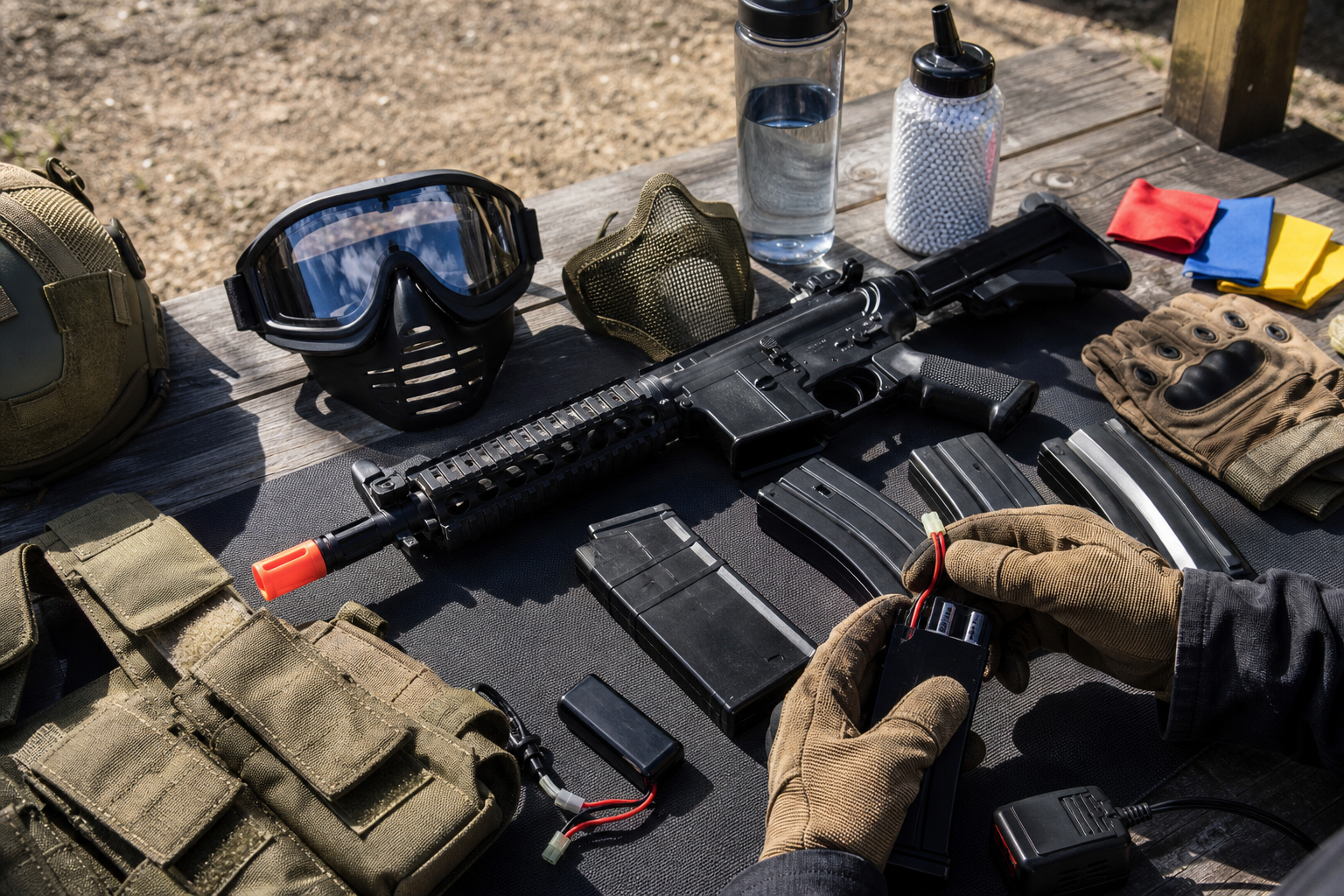 Airsoft loadout gear arranged on a staging table with safety goggles and orange tip visible